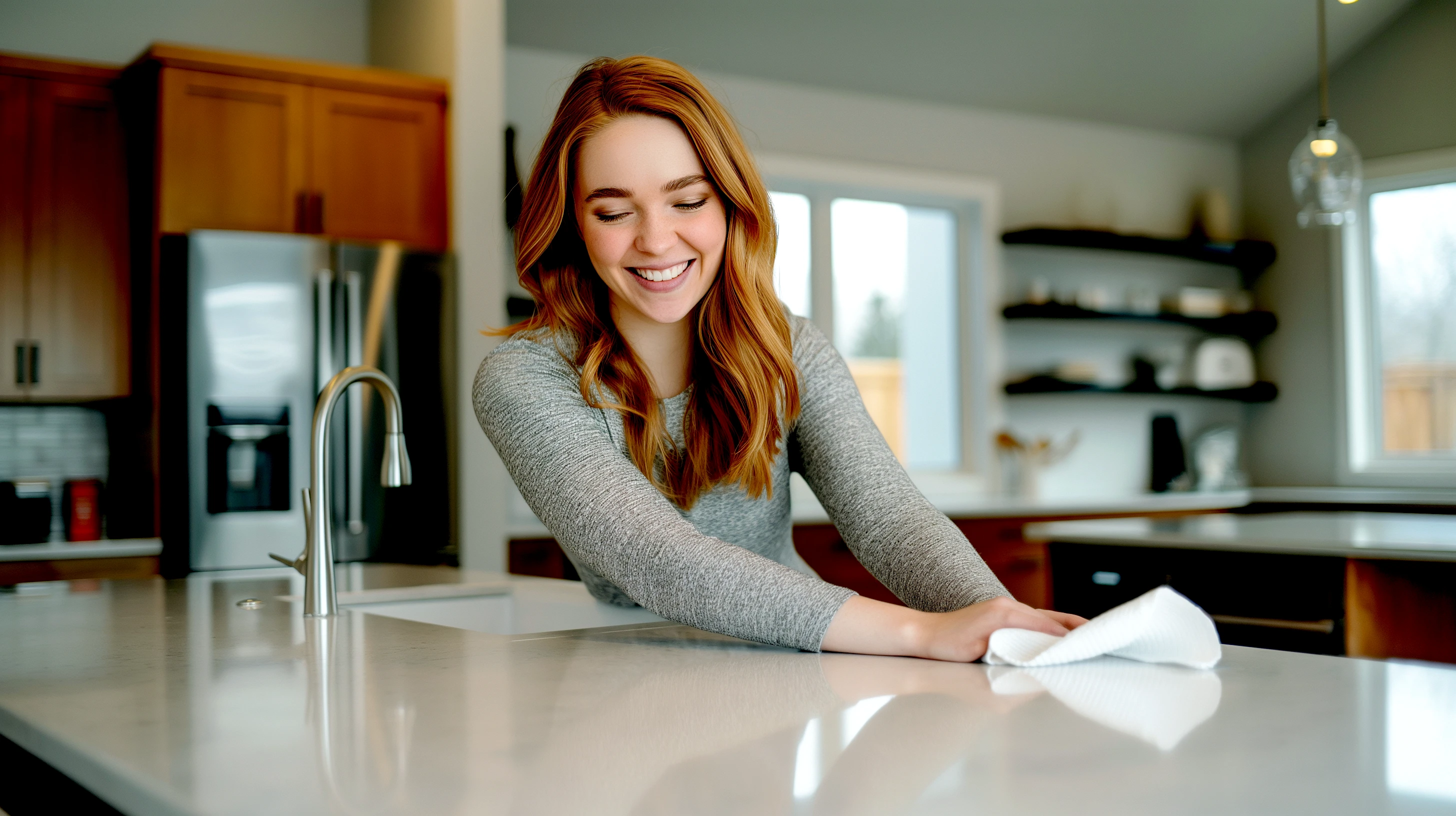 Frau putzt Küchenarbeitsplatte